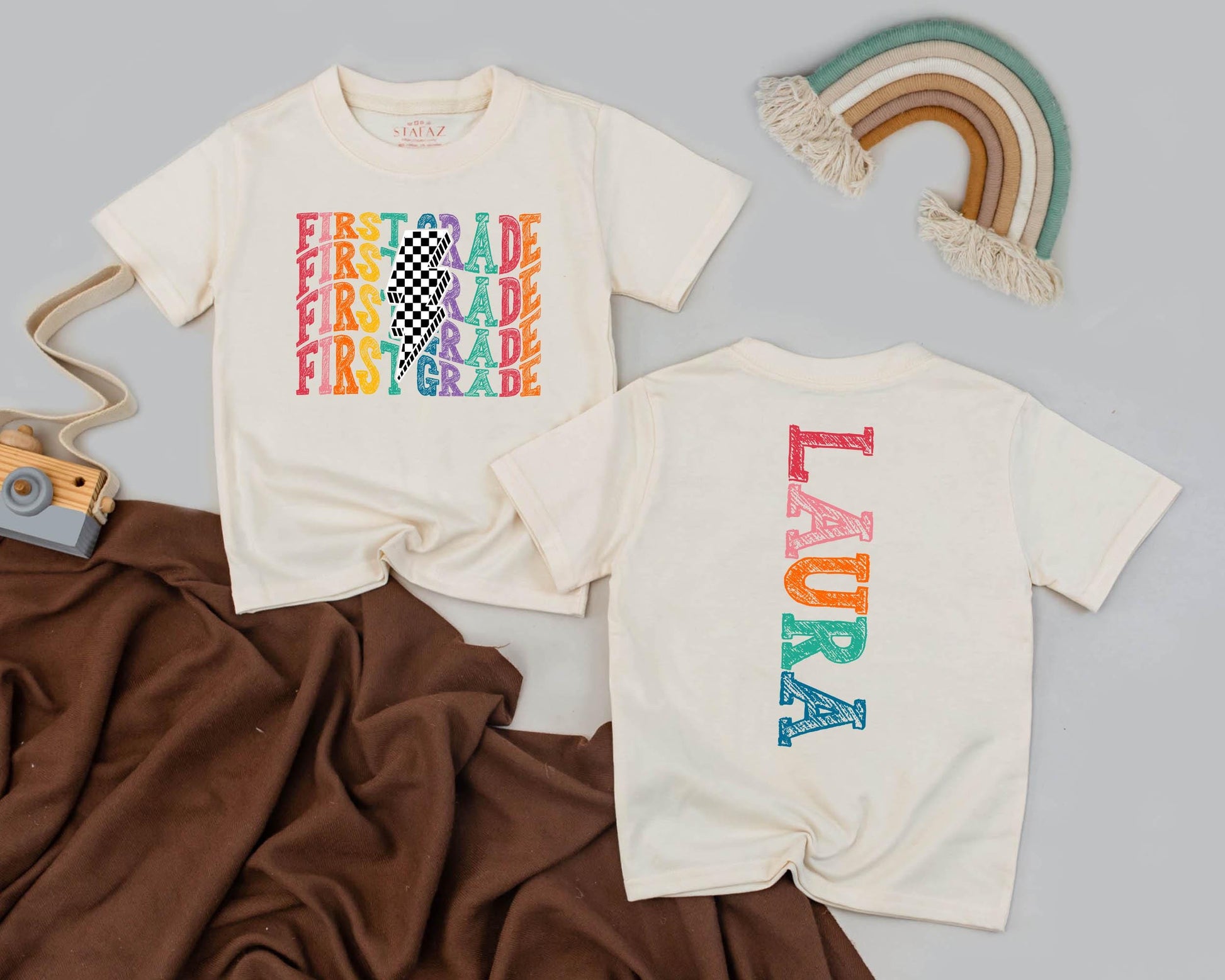 Personalized First Grade Rainbow Lightning Bolt Shirt for Girls or Boys - 1st Grade Name Tee Back to School Gift