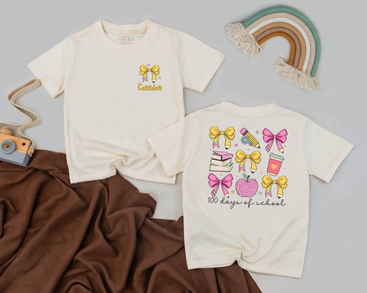 100 Days of School Cute Pencil Shirt Personalized Name Back to School Kindergarten Rainbow Apple Kids Tee