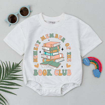 Newest Member of the Book Club Pastel Books Baby Romper Cute Infant Bodysuit Vintage Retro Reading Theme Baby Shower Gift Adorable Hearts Stars Outfit