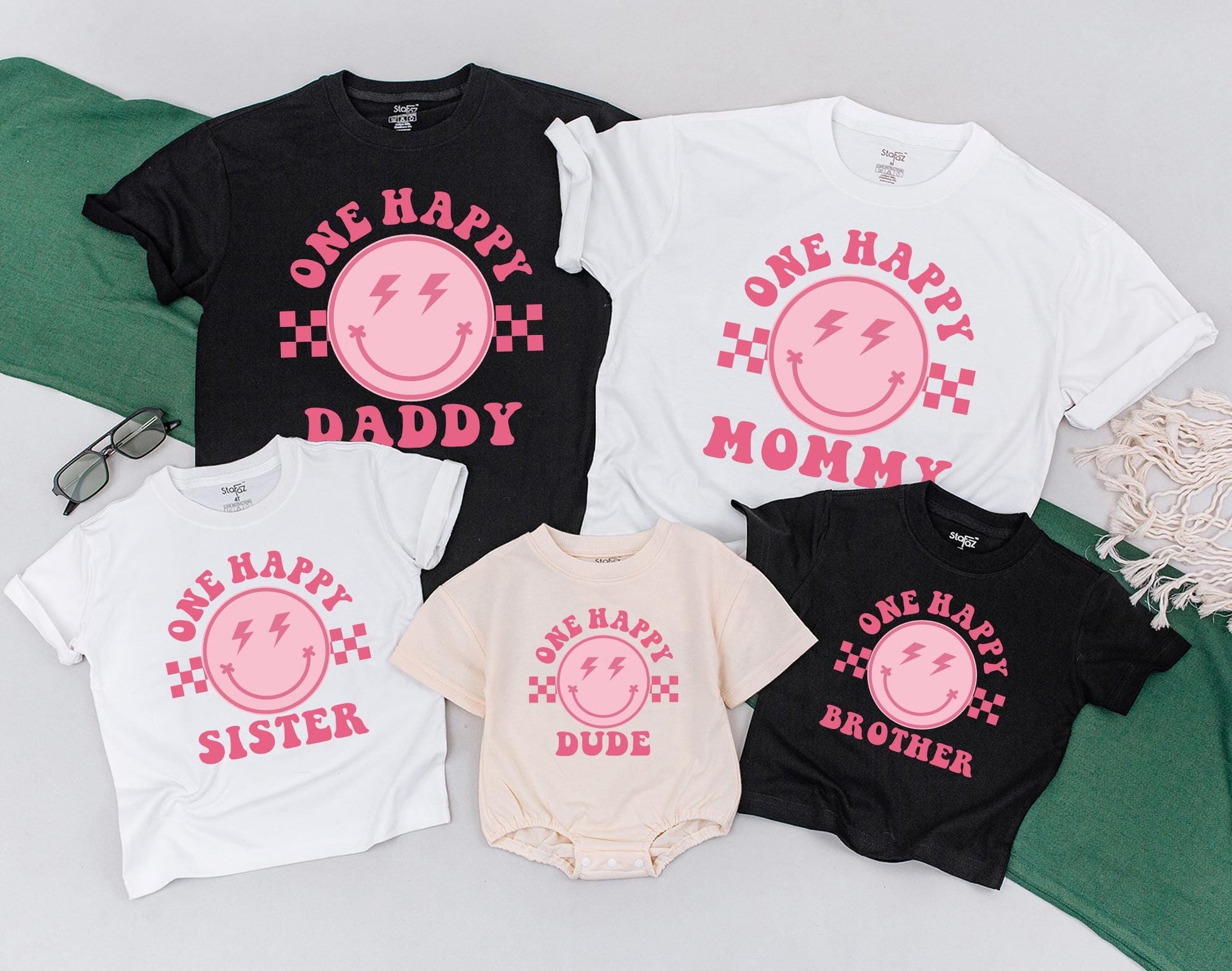 One Happy Dude Matching Family Shirts First Birthday Girl Retro Smiley Face Groovy Party Celebration Soft Cotton Comfortable Toddler Baby Gifts