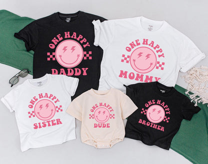 One Happy Dude Matching Family Shirts First Birthday Girl Retro Smiley Face Groovy Party Celebration Soft Cotton Comfortable Toddler Baby Gifts