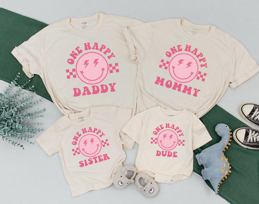One Happy Dude Matching Family Shirts First Birthday Girl Retro Smiley Face Groovy Party Celebration Soft Cotton Comfortable Toddler Baby Gifts