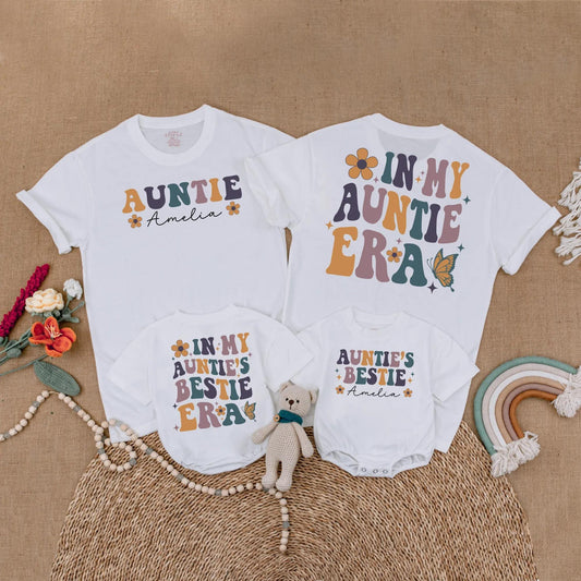 Personalized Retro Auntie Bestie Matching Shirts for Aunt and Baby, 70s Era Floral Sparkle Butterfly Designs, Niece Nephew Gift