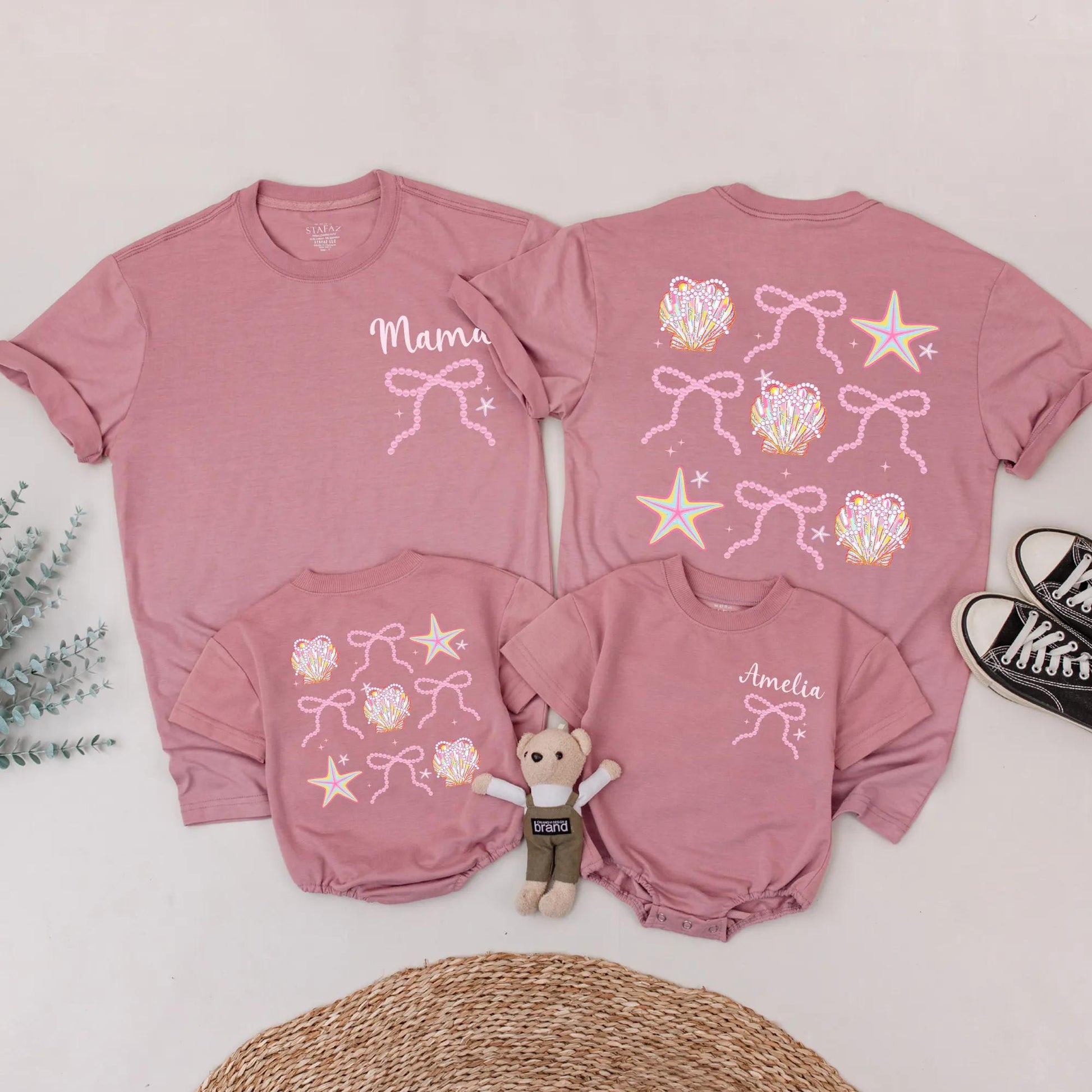 Cute Seashell Bow Matching Family Shirts Mommy and Me Beach Outfits Personalized Amelia Summer Vacation Tees