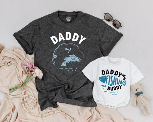 Daddy's Fishing Buddy Matching Dad and Baby Outfit Blue Fish Graphic Father's Day Gift Set