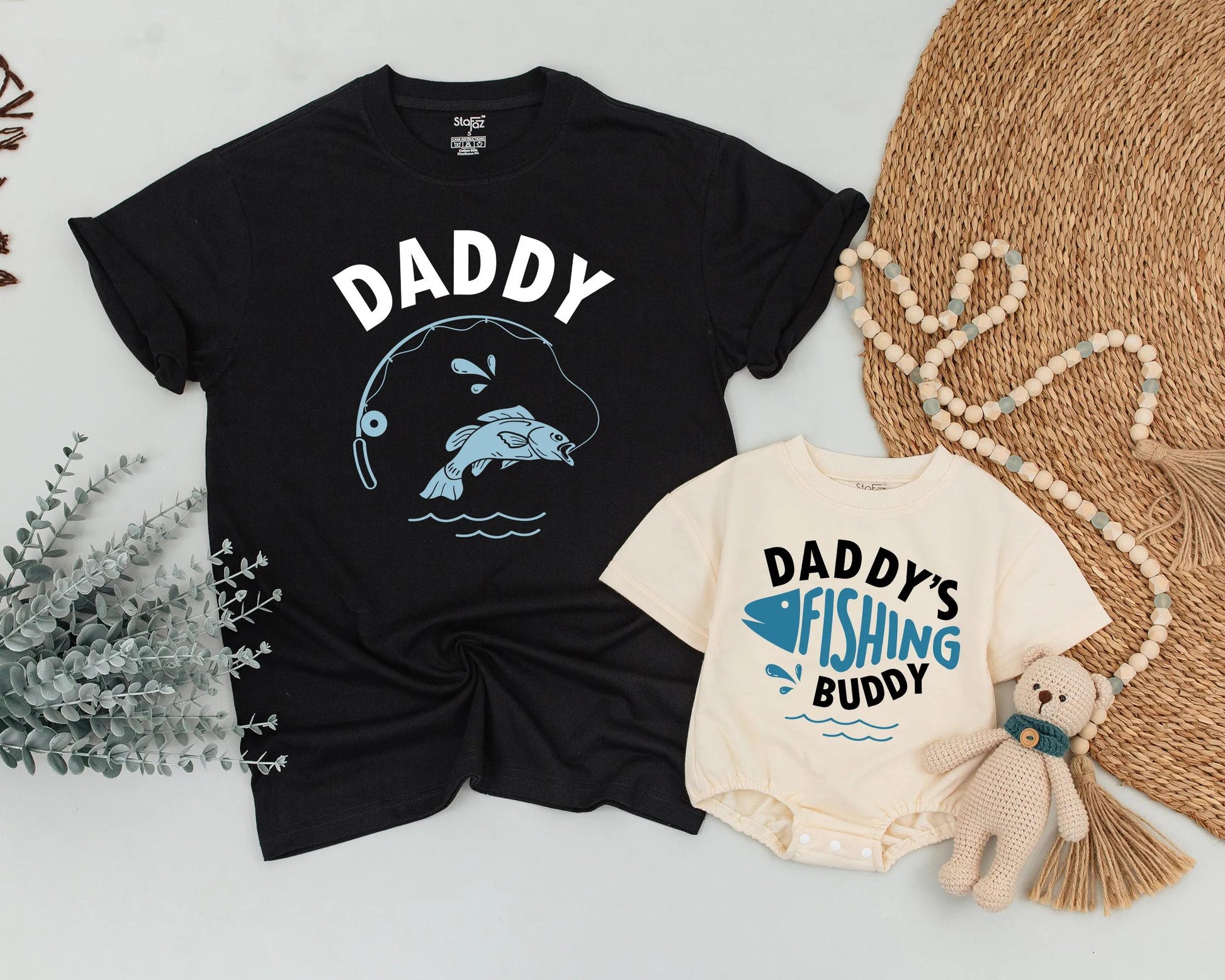 Daddy's Fishing Buddy Matching Dad and Baby Outfit Blue Fish Graphic Father's Day Gift Set