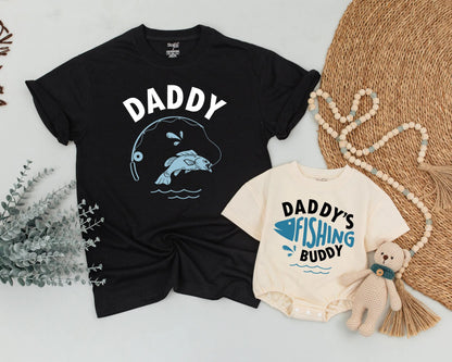 Daddy's Fishing Buddy Matching Dad and Baby Outfit Blue Fish Graphic Father's Day Gift Set