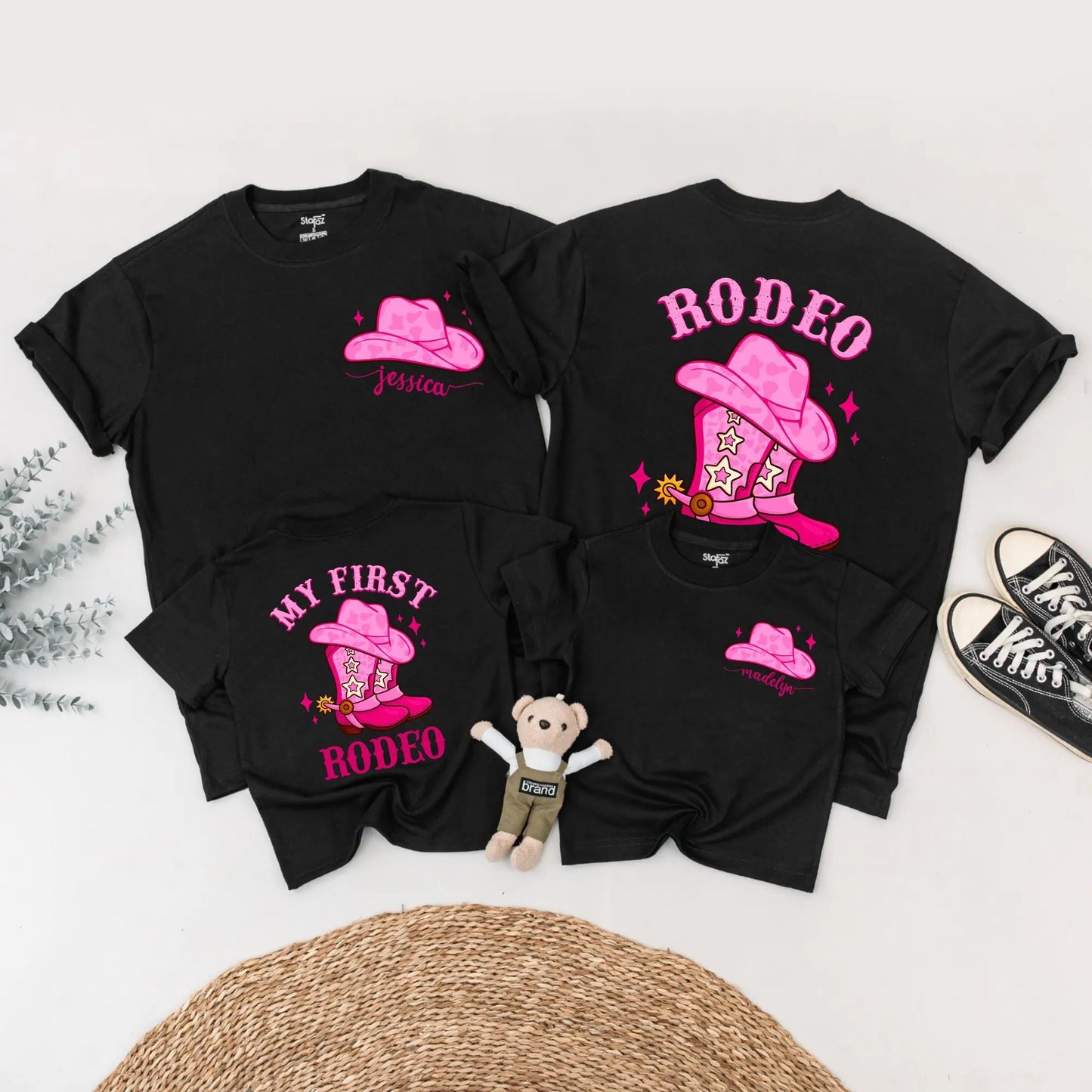 Matching My First Rodeo Pink Birthday Shirt Set for Baby Girl, Toddler & Family – Custom Cowboy Party Outfit, Western Tee with Sparkle