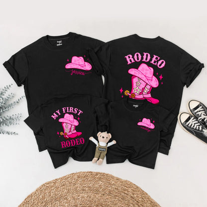 Matching My First Rodeo Pink Birthday Shirt Set for Baby Girl, Toddler & Family – Custom Cowboy Party Outfit, Western Tee with Sparkle