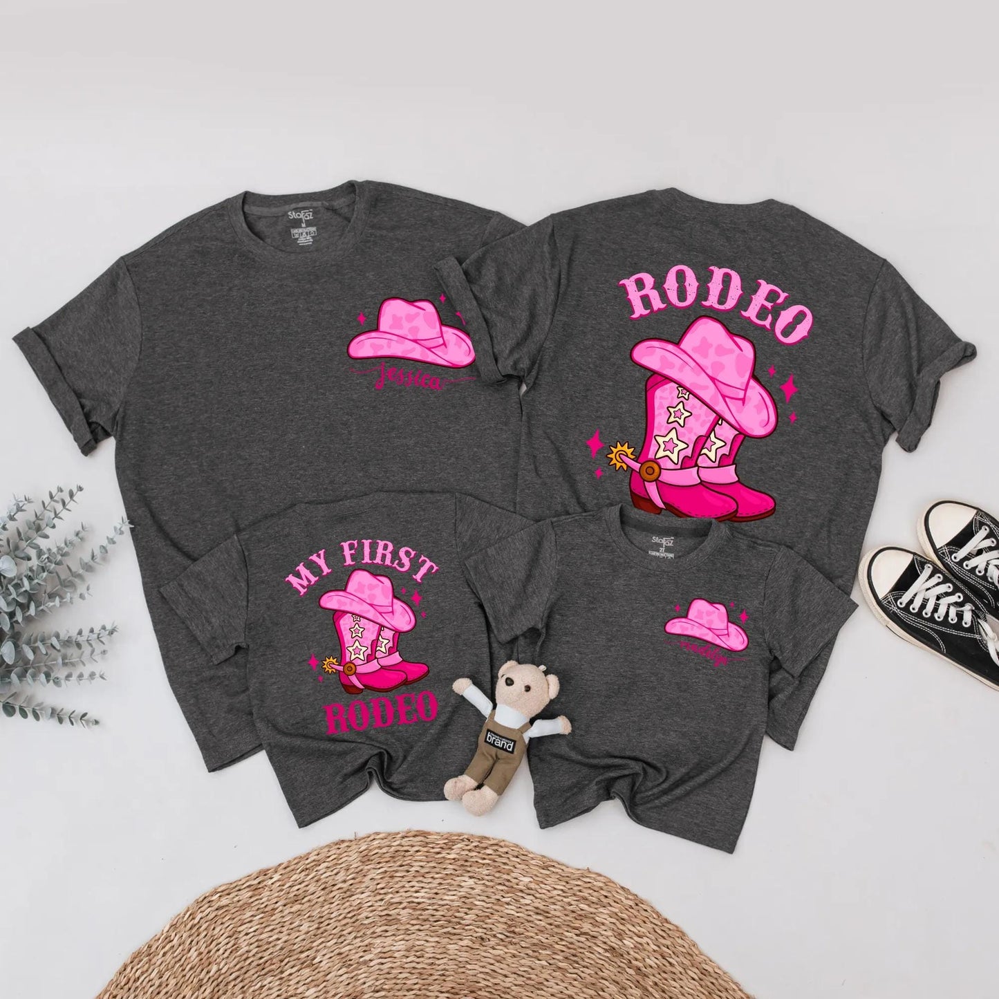 Matching My First Rodeo Pink Birthday Shirt Set for Baby Girl, Toddler & Family – Custom Cowboy Party Outfit, Western Tee with Sparkle