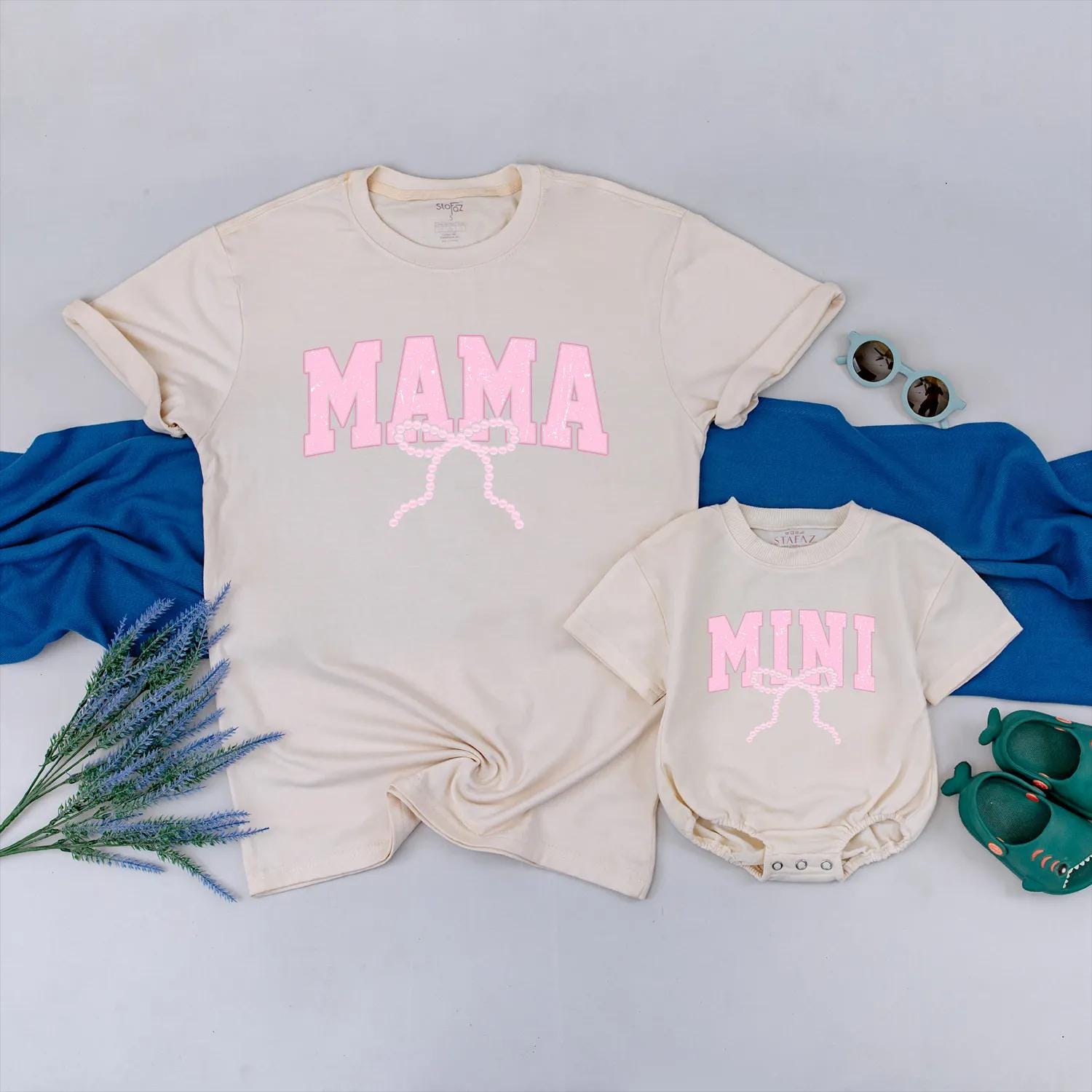 Matching Mama and Mini Pearl Bow Summer Shirts Cute Pink Mom and Daughter Vacation Tees Toddler Girl Outfit Cotton Holiday Casual