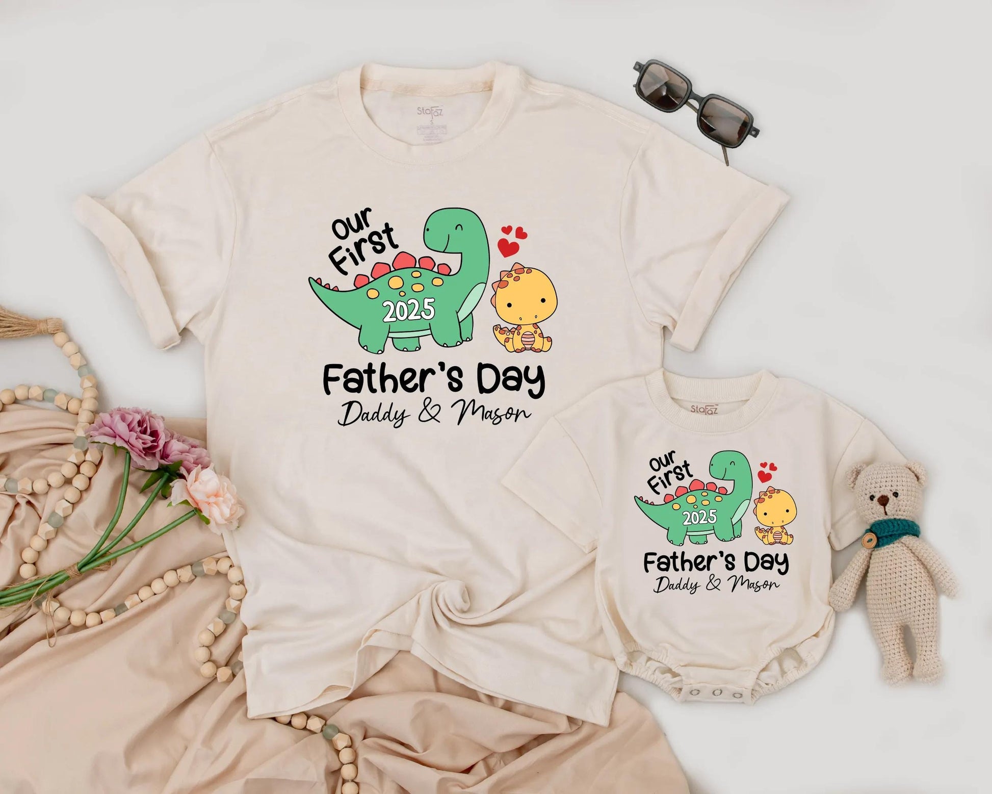 Personalized Our First Father's Day Dinosaur Matching Daddy & Baby Outfit 2025, Dino Romper, Cute Gift Boy