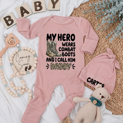 My Hero Wears Combat Boots Personalized Baby Bodysuit, Military Daddy Newborn Outfit, Army Coming Home Gift for Soldier's Son or Daughter
