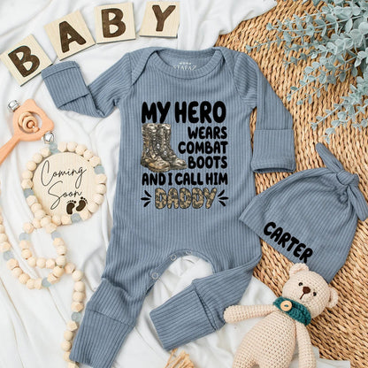 My Hero Wears Combat Boots Personalized Baby Bodysuit, Military Daddy Newborn Outfit, Army Coming Home Gift for Soldier's Son or Daughter