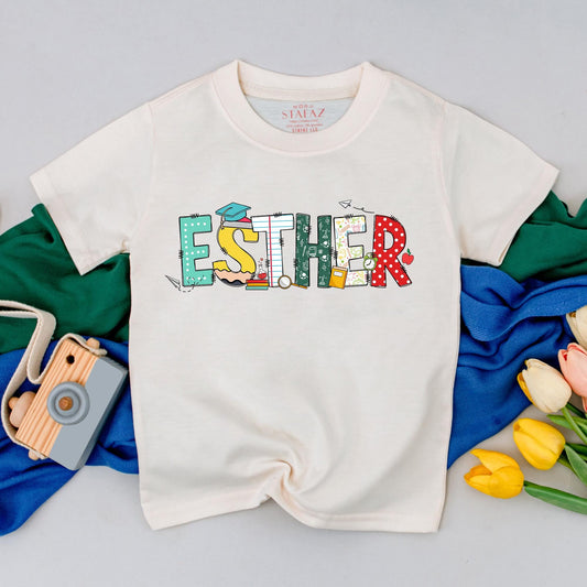 Personalized Back to School Shirt Custom Name Kids Tee Preschool Boy Kindergarten Girl Outfit First Day School Clothes Cute Personalized Name on Sleeve 135