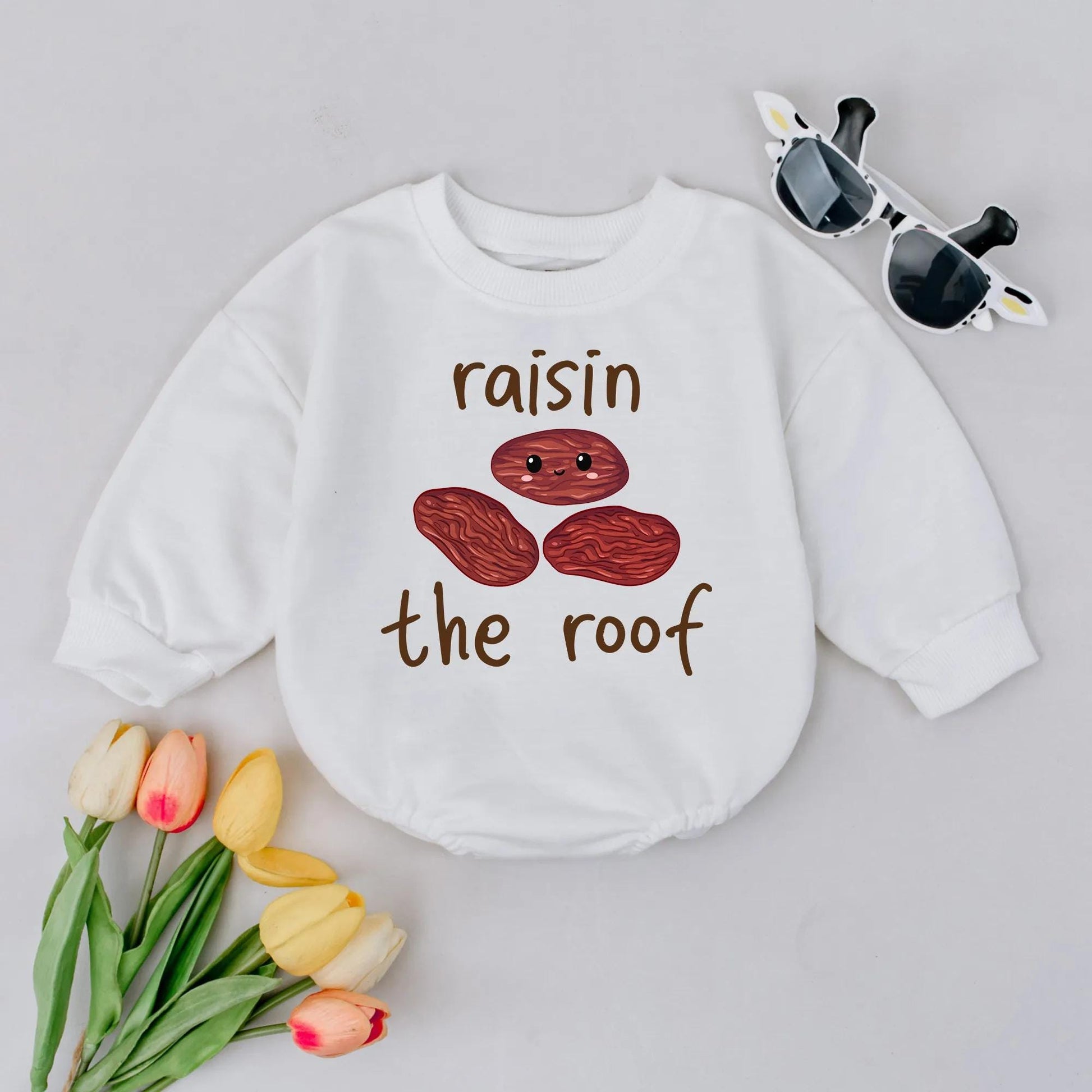 Funny Baby Raisin the Roof Bubble Romper Cute Food Pun Infant Outfit Gender Neutral Newborn Clothes Soft Comfortable Baby Shower Gift