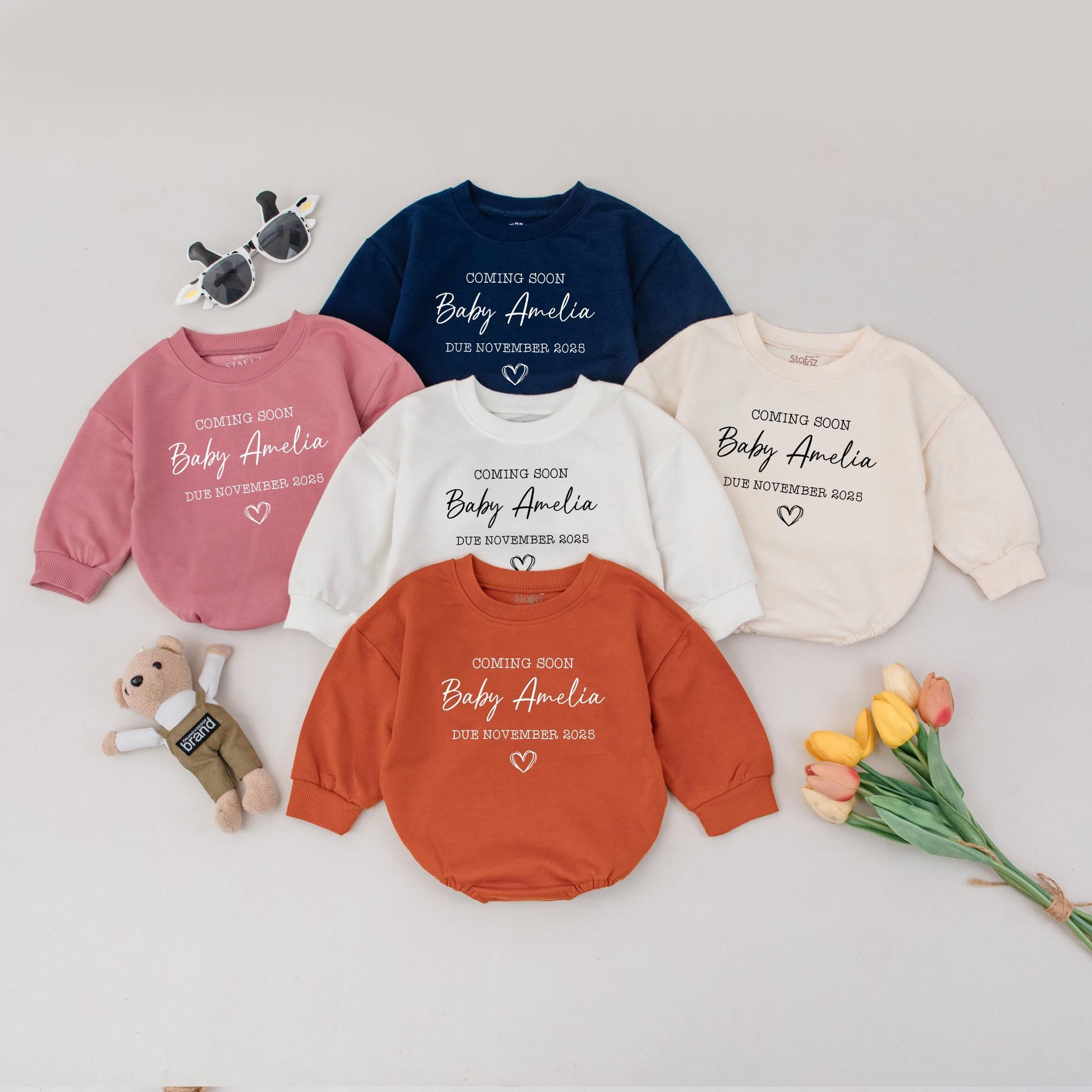 Coming Soon Baby Bubble Romper – Custom Pregnancy Announcement Outfit, Due Month Reveal Gift for Baby Shower, Personalized Name