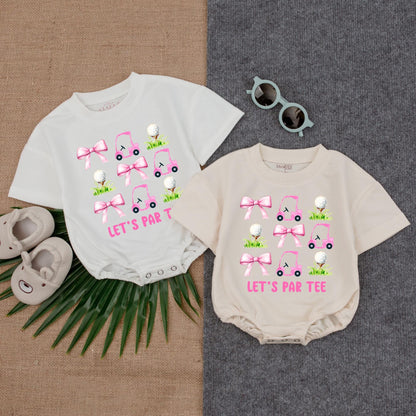 Let's Par Tee Bubble Romper Cute Pink Golf Cart Tee Toddler Girls Golf Outfit Adorable Shirt Birthday Party Wear