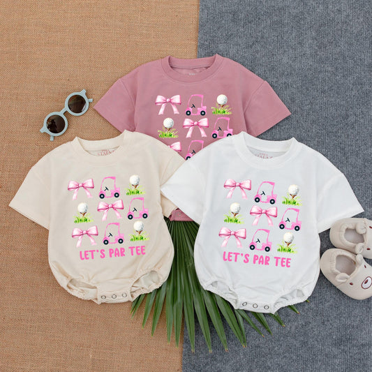 Let's Par Tee Bubble Romper Cute Pink Golf Cart Tee Toddler Girls Golf Outfit Adorable Shirt Birthday Party Wear