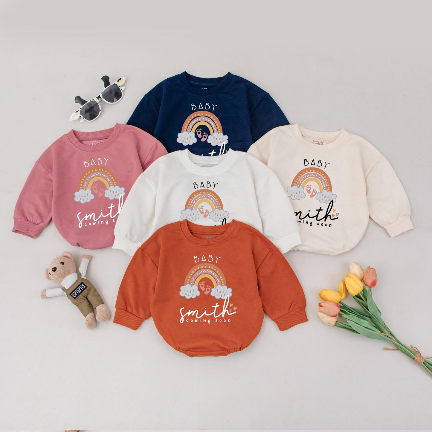 Personalized Baby Coming Soon Romper Rainbow Reveal, Custom Name Baby Shower Gift, Soft Cotton Outfit