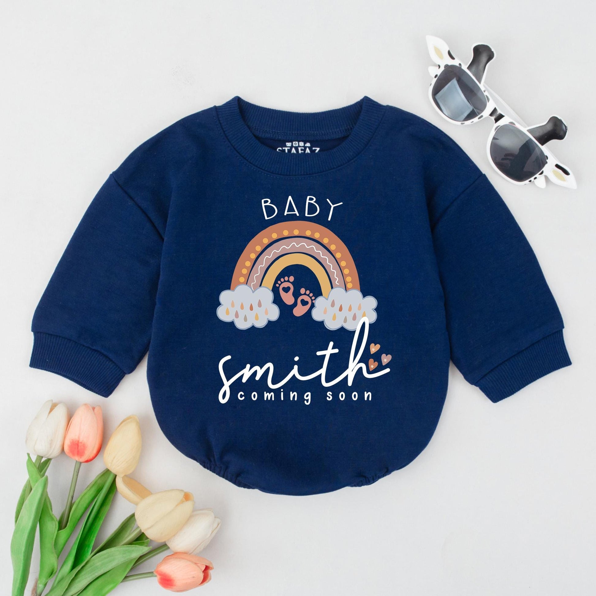 Personalized Baby Coming Soon Romper Rainbow Reveal, Custom Name Baby Shower Gift, Soft Cotton Outfit
