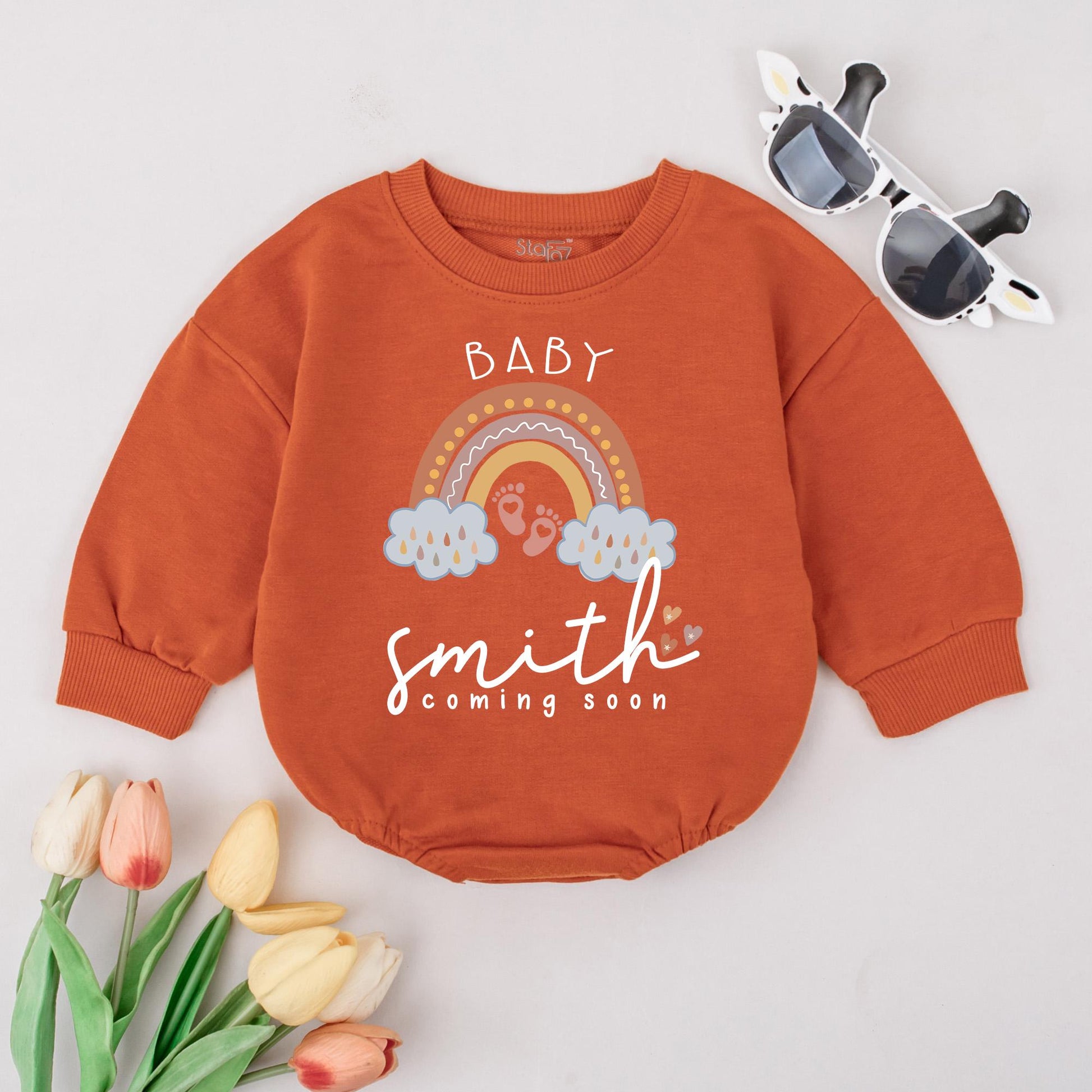 Personalized Baby Coming Soon Romper Rainbow Reveal, Custom Name Baby Shower Gift, Soft Cotton Outfit