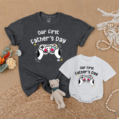 Custom Gaming First Fathers Day Matching Shirt for Daddy and Baby Personalized with Names Adorable Matching Outfits for a Special First Father's Day Gift