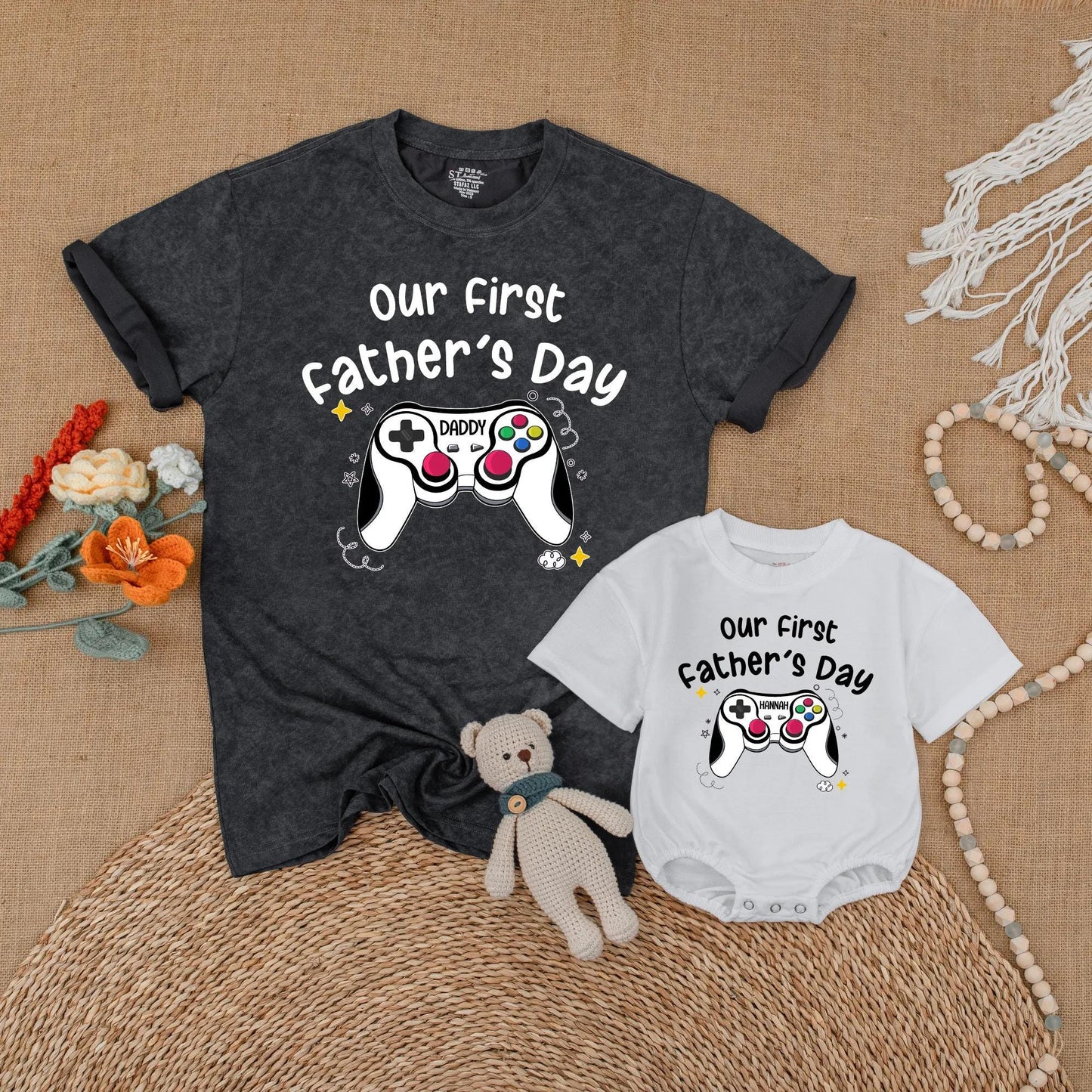 Custom Gaming First Fathers Day Matching Shirt for Daddy and Baby Personalized with Names Adorable Matching Outfits for a Special First Father's Day Gift