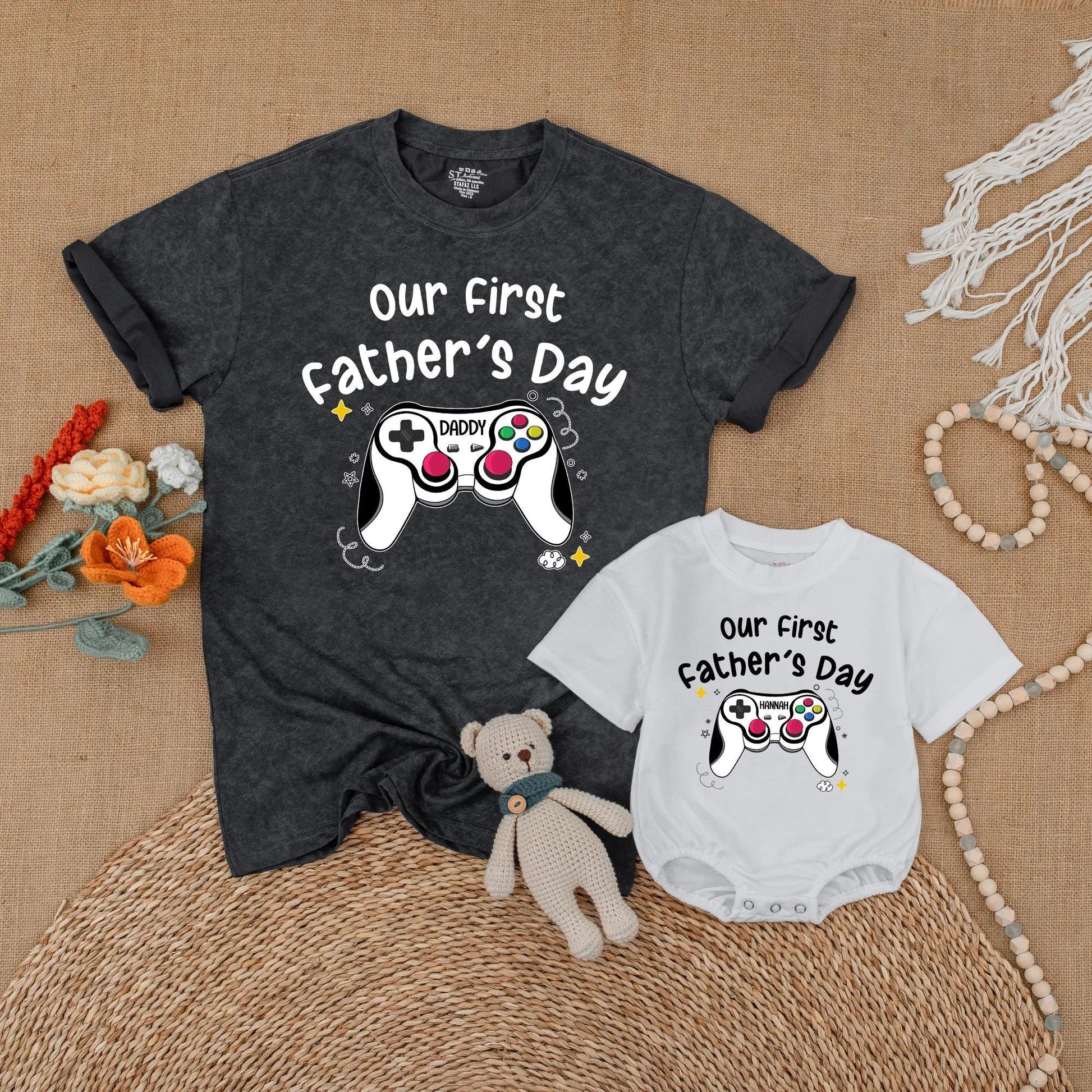 Custom Gaming First Fathers Day Matching Shirt for Daddy and Baby Personalized with Names Adorable Matching Outfits for a Special First Father's Day Gift