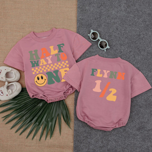 Custom Name Half Birthday Bubble Romper 6 Month Bodysuit Halfway to One Outfit Baby Girl Boy Gift