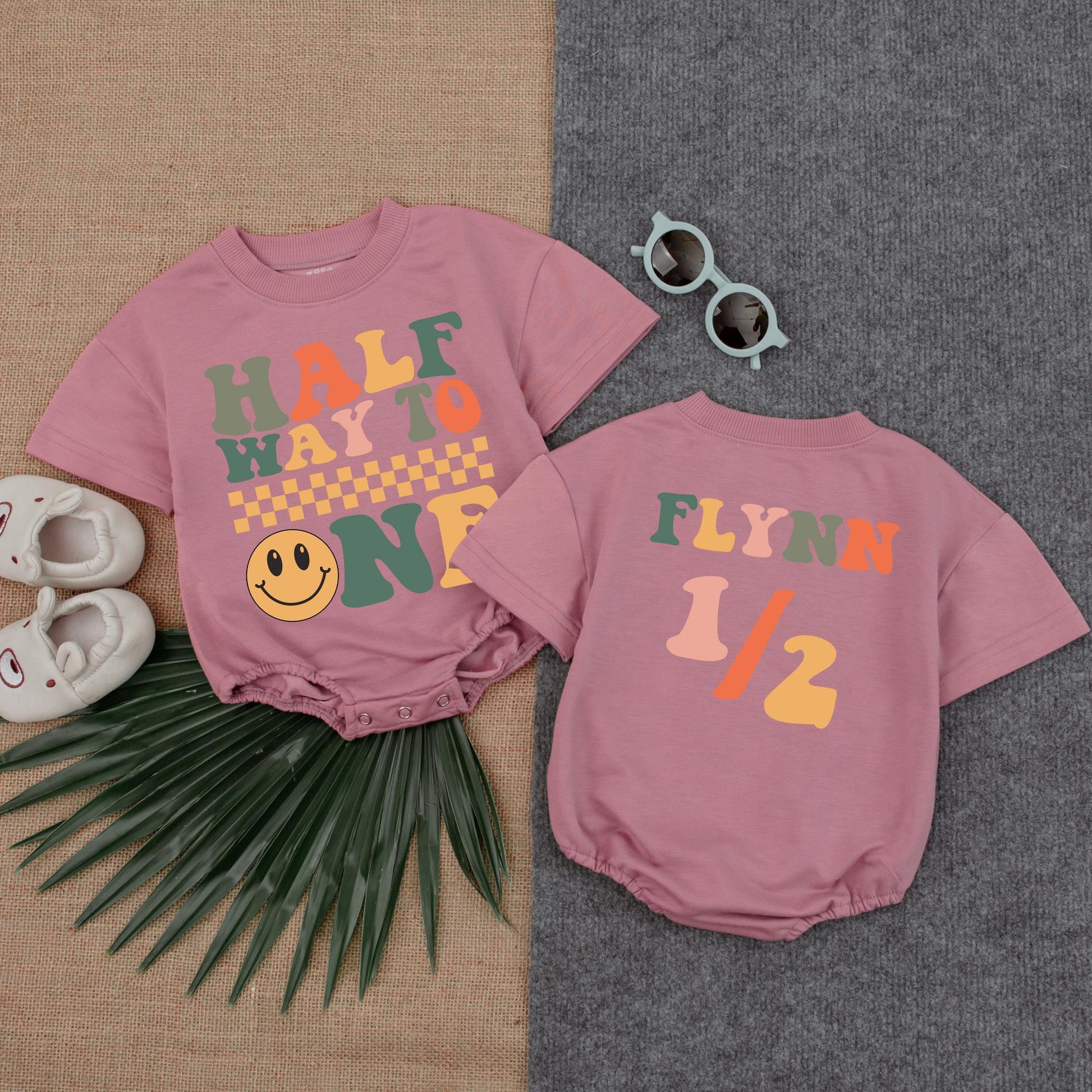 Custom Name Half Birthday Bubble Romper 6 Month Bodysuit Halfway to One Outfit Baby Girl Boy Gift