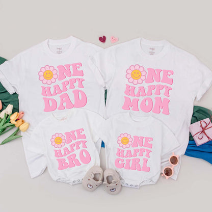 One Happy Girl Birthday Outfit Retro Pink Daisy Family T-Shirt First Birthday Girl Gift Custom Name Apparel