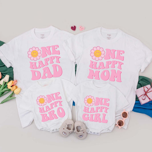 One Happy Girl Birthday Outfit Retro Pink Daisy Family T-Shirt First Birthday Girl Gift Custom Name Apparel