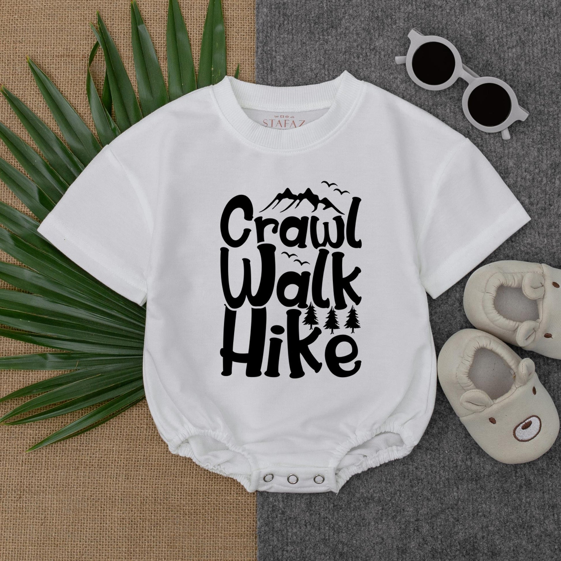 Crawl Walk Hike Baby Bubble Romper Adventure Bodysuit, Outdoorsy Nature Inspired Infant Outfit with Playful Mountain & Tree Design