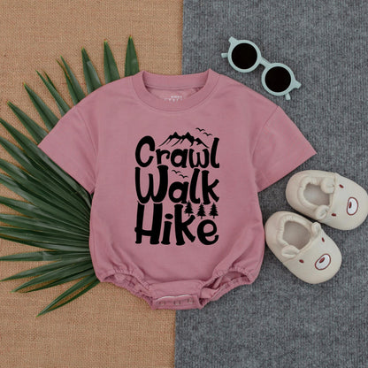 Crawl Walk Hike Baby Bubble Romper Adventure Bodysuit, Outdoorsy Nature Inspired Infant Outfit with Playful Mountain & Tree Design