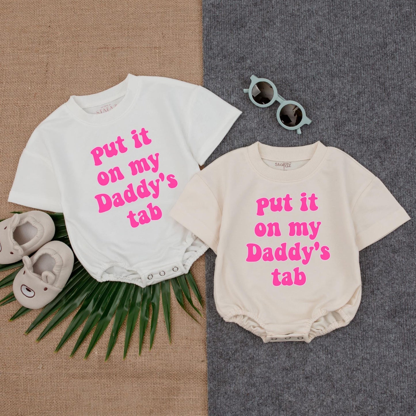 Put It on Daddy’s Tab T-Shirt Bubble Romper – Funny Baby Outfit – Customizable Baby Boy or Girl Romper – Perfect for Father’s Day & Photoshoots
