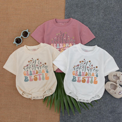 Grandma's Bestie Floral Wildflower Baby Romper Newborn Girl Gift from Grandma Cute Retro Outfit for Baby Shower Spring