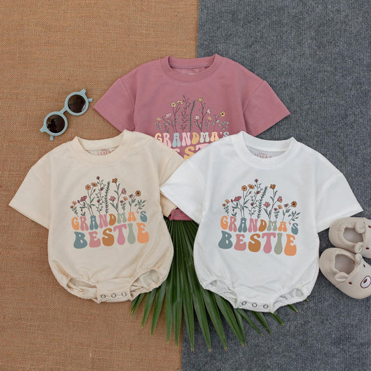 Grandma's Bestie Floral Wildflower Baby Romper Newborn Girl Gift from Grandma Cute Retro Outfit for Baby Shower Spring