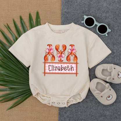Personalized Crawfish and Bows Baby Girl Bubble Romper Cute Southern Crawfish Boil Season Outfit Soft Cotton Summer Baby Shower Gift