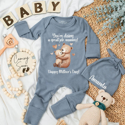 Sweet First Mother's Day Baby Bodysuit with Hugging Bears Mom Mommy Gift from Newborn Cute Baby Shower Infant