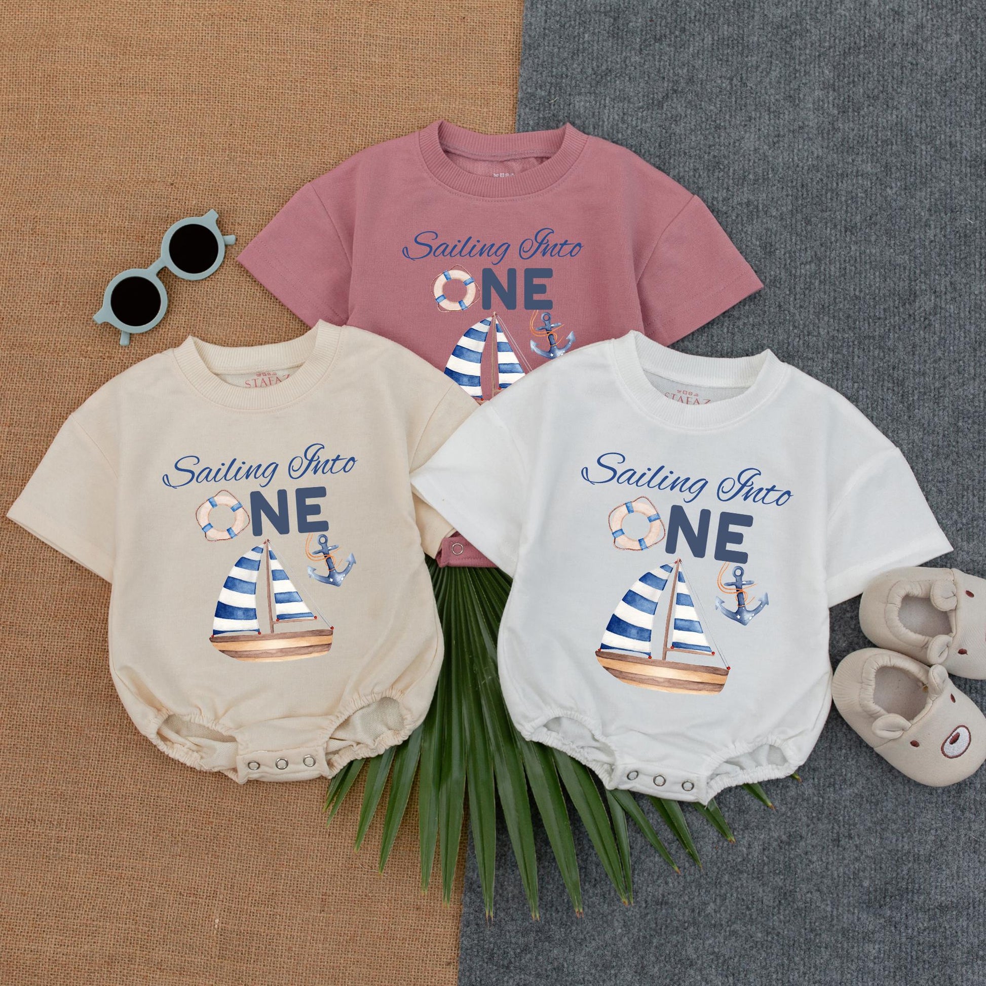 Sailing Into One Baby Boy Romper, Nautical 1st Birthday Outfit, Custom Name Sailor Romper, Ocean Theme Gift for Baby Boy