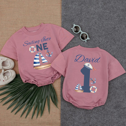 Sailing Into One Baby Boy Romper, Nautical 1st Birthday Outfit, Custom Name Sailor Romper, Ocean Theme Gift for Baby Boy