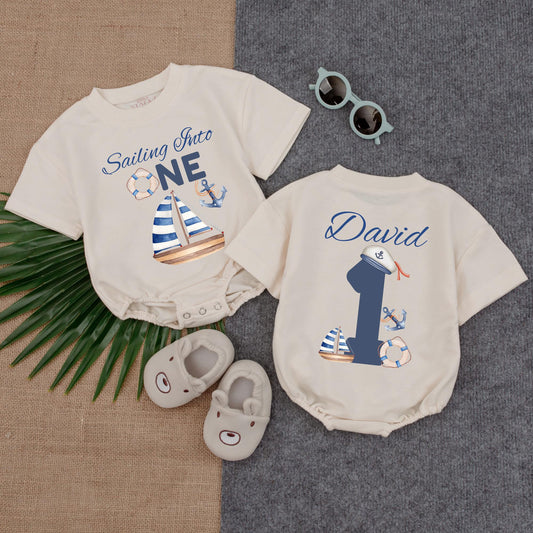 Sailing Into One Baby Boy Romper, Nautical 1st Birthday Outfit, Custom Name Sailor Romper, Ocean Theme Gift for Baby Boy