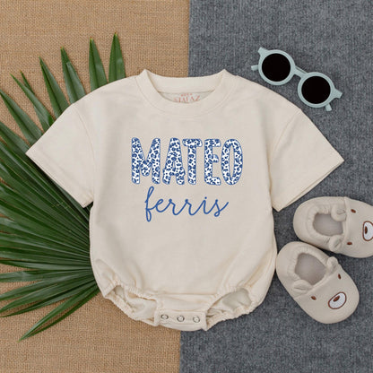 Navy Leopard Baby Boy Romper Personalized Wild Animal Safari Outfit Custom Name Gift for Toddlers