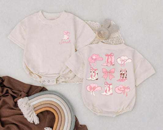 Pink Bow Cowgirl Birthday Romper - Personalized Name Western Baby Girl Outfit, Rodeo Theme Summer Bubble Romper Gift