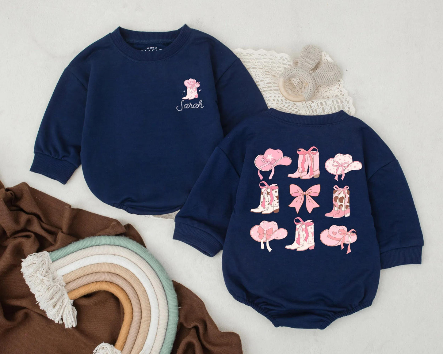 Pink Bow Cowgirl Birthday Romper - Personalized Name Western Baby Girl Outfit, Rodeo Theme Summer Bubble Romper Gift