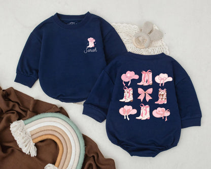 Pink Bow Cowgirl Birthday Romper - Personalized Name Western Baby Girl Outfit, Rodeo Theme Summer Bubble Romper Gift