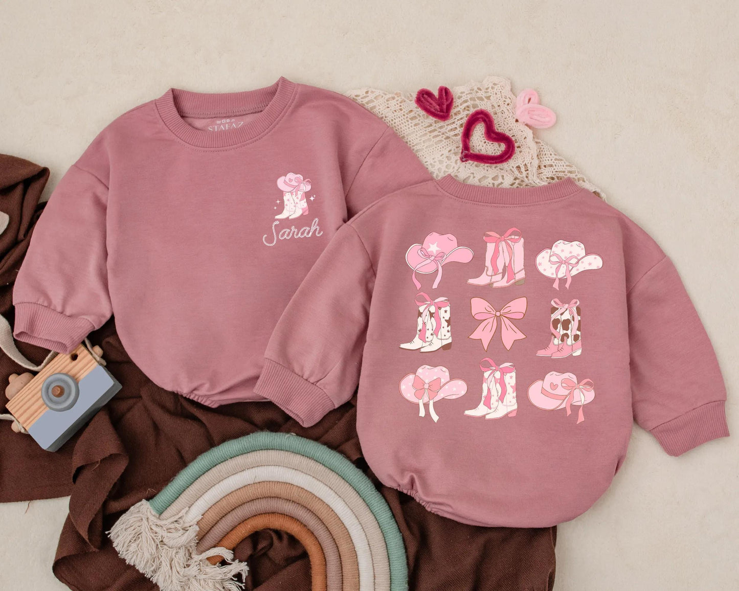 Pink Bow Cowgirl Birthday Romper - Personalized Name Western Baby Girl Outfit, Rodeo Theme Summer Bubble Romper Gift