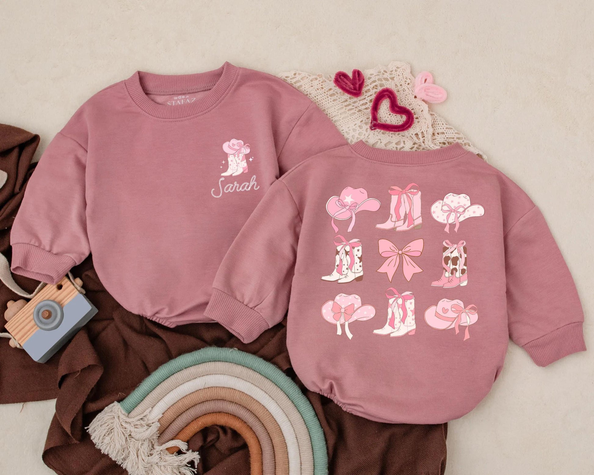 Pink Bow Cowgirl Birthday Romper - Personalized Name Western Baby Girl Outfit, Rodeo Theme Summer Bubble Romper Gift