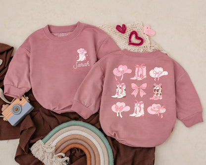 Pink Bow Cowgirl Birthday Romper - Personalized Name Western Baby Girl Outfit, Rodeo Theme Summer Bubble Romper Gift